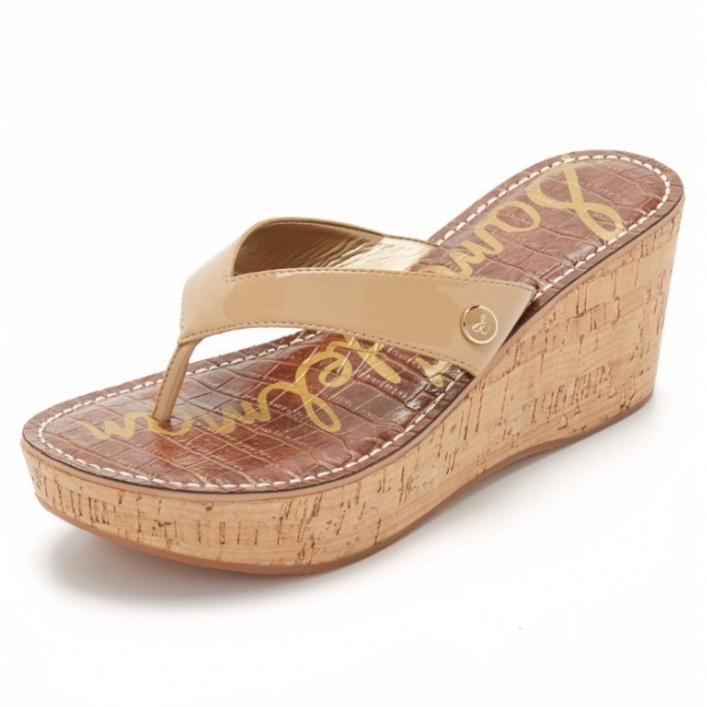 Sam Edelman Tan Leather Cork Romy Wedge Thong Platform Sandals Women's Size 7.5